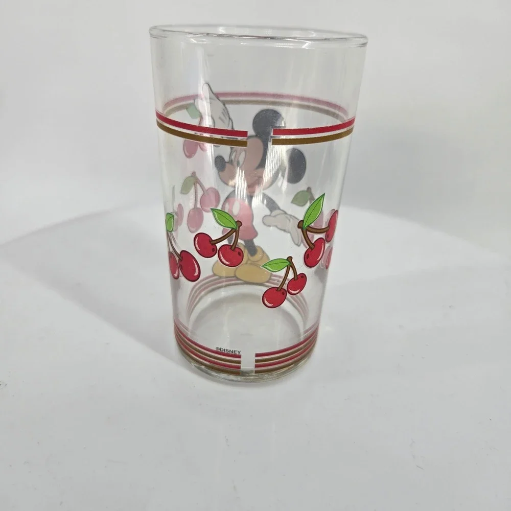 Disney Mickey Mouse Cherry Glass Tumbler Vintage Clear Drinking Glass Red Gold